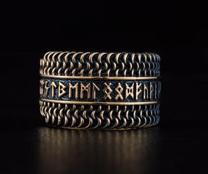 Hauberk Viking Ring with Elder Futhark Runes Broze Unique Jewelry
