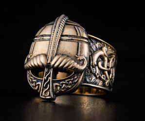 Viking Bronze Helmet Ring with Ornament Unique Jewelry
