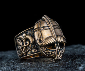 Viking Bronze Helmet Ring with Ornament Unique Jewelry