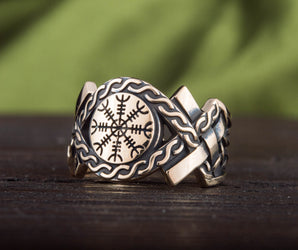 Helm of Awe Symbol with Norse Ornament Ring Bronze Jewelry