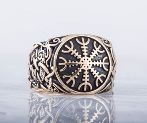 Helm of Awe Ring with Mammen Ornament Bronze Viking Jewelry