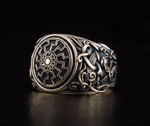 Black Sun Ring with Mammen Ornament Bronze Viking Jewelry