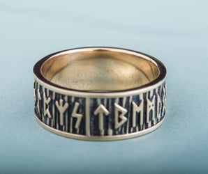 Elder Futhark Runes Ring with Wide Rim Bronze Viking Jewelry