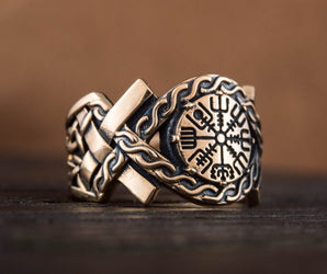Vegvisir Symbol with Norse Ornament Ring Bronze Norse Jewelry