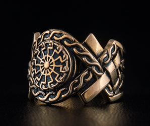 Black Sun Symbol with Norse Ornament Ring Bronze Unique Jewelry