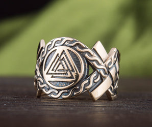 Valknut Symbol with Norse Ornament Bronze Ring Viking Jewelry