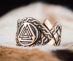Valknut Symbol with Norse Ornament Bronze Ring Viking Jewelry