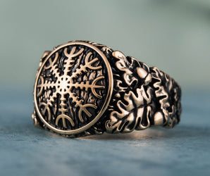 Helm of Awe Symbol with Oak Leaves and Acorns Bronze Norse Ring