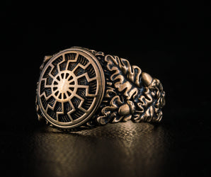 Black Sun Symbol with Oak Leaves and Acorns Bronze Norse Ring