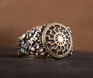 Black Sun Symbol with Oak Leaves and Acorns Bronze Norse Ring