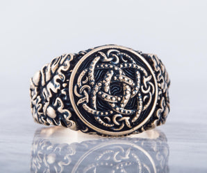 Jormungandr Symbol with Oak Leaves and Acorns Bronze Viking Ring