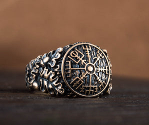 Vegvisir Symbol with Oak Leaves and Acorns Bronze Viking Ring