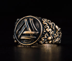 Valknut Symbol with Oak Leaves and Acorns Bronze Norse Ring