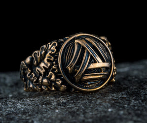 Valknut Symbol with Oak Leaves and Acorns Bronze Norse Ring