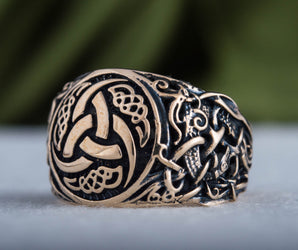 Odin Horn Symbol Ring with Mammen Ornament Bronze Viking Jewelry