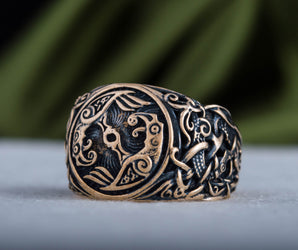 Raven Ring with Mammen Ornament Bronze Viking Jewelry