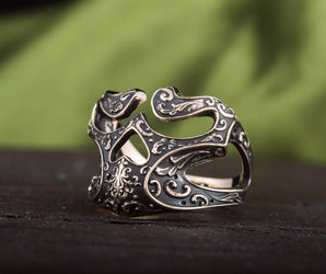 Skull Ring with Ornament Bronze Unique Biker Jewelry