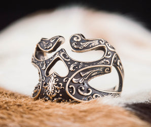 Skull Ring with Ornament Bronze Unique Biker Jewelry