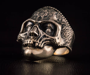 Skull Mask Ring with Ornament Bronze Unique Norse Jewelry