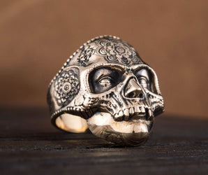Skull Mask Ring with Ornament Bronze Unique Norse Jewelry