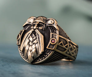 Ring with Odin and Raven Bronze Handcrafted Jewelry