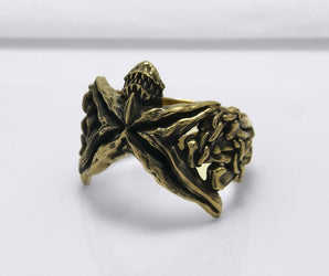 Bronze Starfish Ring with Shark and Chain, Handcrafted Marine Jewelry