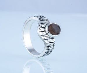 Ring with Tree bark and Smoky quartz gem Sterling silver handmade Jewelry
