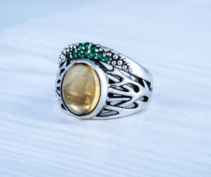 Ring with Citrine and Green Cubic Zirconia Sterling Silver Jewelry