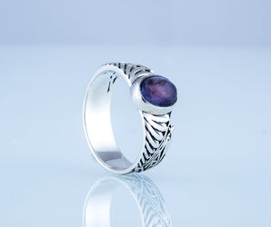 Ring with Feathers and Iolite gem Sterling silver handmade Jewelry