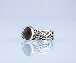 Ring with Tree bark and Smoky quartz gem Sterling silver handmade Jewelry V02