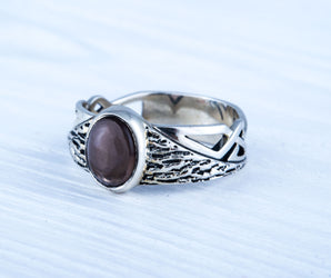 Ring with Tree bark and Smoky quartz gem Sterling silver handmade Jewelry V02