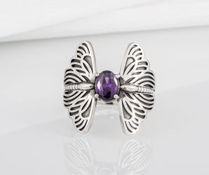 Sterling silver handcrafted Butterfly ring with purple gem, unique fashion jewelry