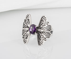 Sterling silver handcrafted Butterfly ring with purple gem, unique fashion jewelry