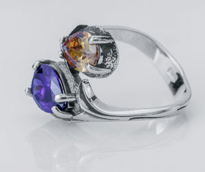 Two-Stone Ring with Purple and Orange Gem, 925 Silver