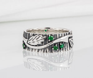 Unique sterling silver tree ring with leaves and green gems, handcrafted fashion jewelry