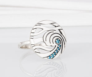 Minimalistic Round 925 Silver Ring with Waves and Gems, Unique Fashion Jewelry
