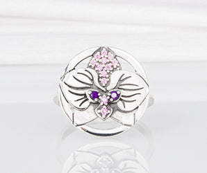 Minimalistic Round 925 Silver Ring with Orchid Flower and Gems, Unique Fashion Jewelry
