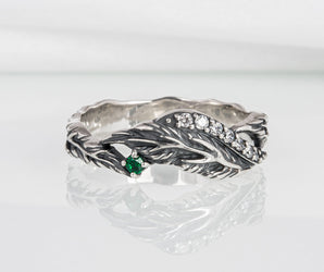 Handcrafted sterling silver ring with leaves and gems, unique fashion jewelry