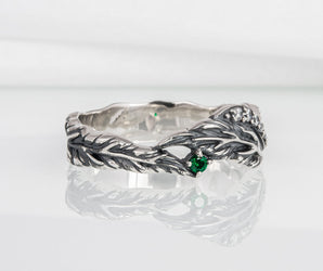 Handcrafted sterling silver ring with leaves and gems, unique fashion jewelry