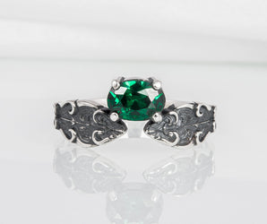 Unique 925 silver fashion ring with leaves and big green gem, handmade jewelry for gift