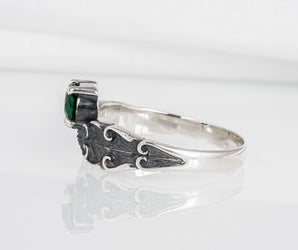 Unique 925 silver fashion ring with leaves and big green gem, handmade jewelry for gift