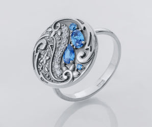 Round Paisley Ornament Leaves Ring with Blue Gems, 925 Silver