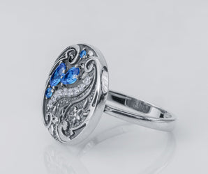 Round Paisley Ornament Leaves Ring with Blue Gems, 925 Silver