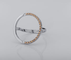 Simple Round Ring with Orange Gems, Rhodium Plated 925 Silver