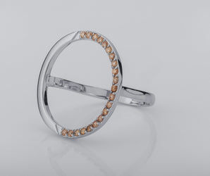 Simple Round Ring with Orange Gems, Rhodium Plated 925 Silver