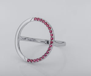 Simple Round Ring with Red Gems, Rhodium Plated 925 Silver