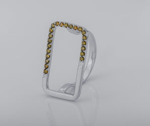 Simple Rectangular Ring with Orange Gems, Rhodium Plated 925 Silver