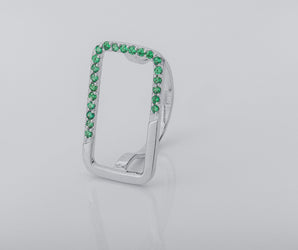Simple Rectangular Ring with Green Gems, Rhodium Plated 925 Silver
