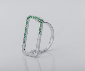 Simple Rectangular Ring with Green Gems, Rhodium Plated 925 Silver
