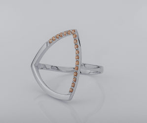 Simple Triangular Ring with Orange Gems, Rhodium Plated 925 Silver